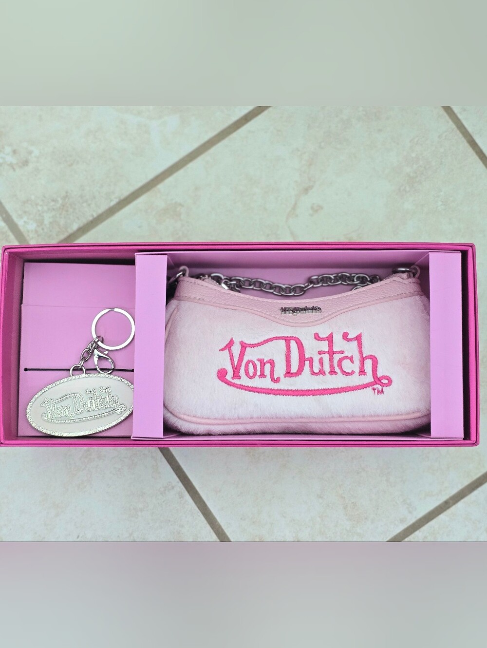 Von Dutch Light Pink Fuzzy Logo Mini Shoulder Bag with Silver Keychain